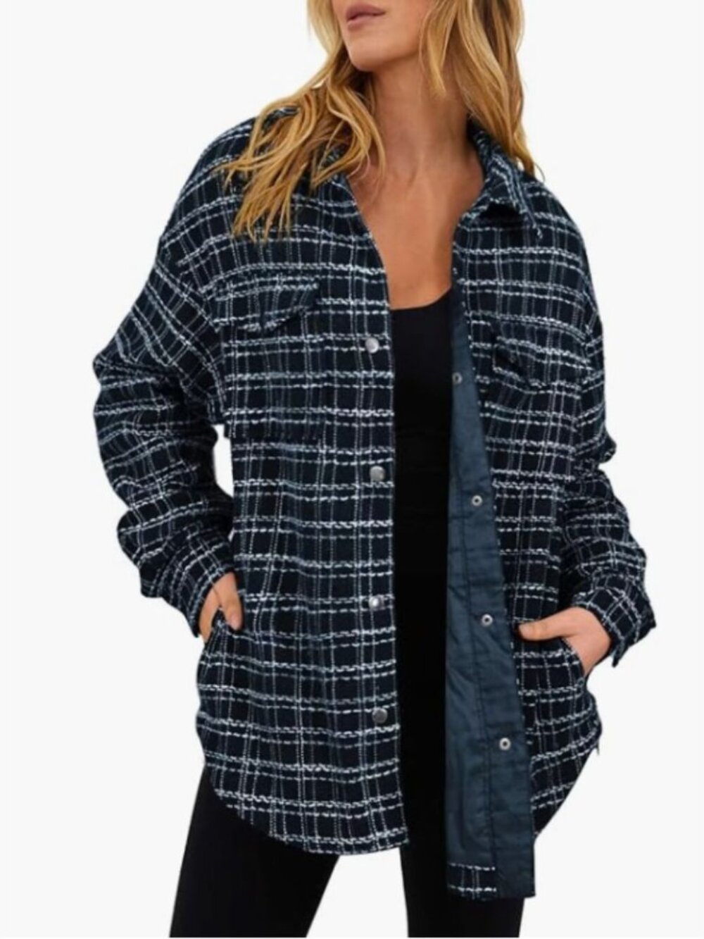 Navy Patterned Snap Shirt Jacket XLarge